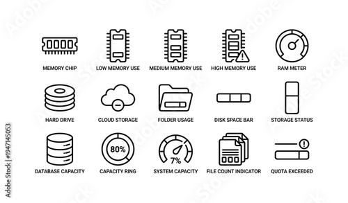 Icon set illustrating memory usage and storage metrics in technology