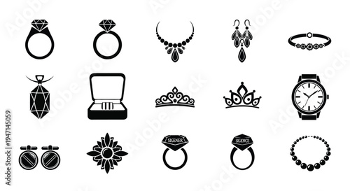 Collection of luxury jewelry and watches on white background including rings necklaces earrings tiaras and bracelets
