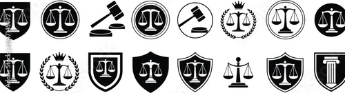 Collection of Black and White Justice and Law Icons Featuring Scales of Justice and Gavel Keywords: justice, law, legal, court