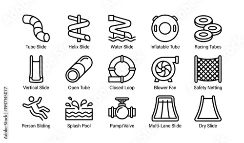 Amusement park slide and tube icon set with racing, helix, vertical designs
