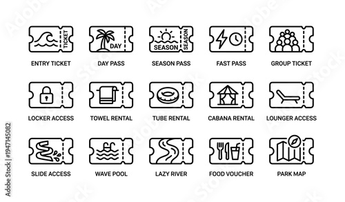 Amusement park ticket icons for access and rentals