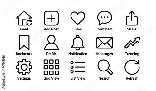 Social media interface icons: feed, like, share, profile, settings, notification symbols
