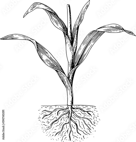 Detailed black and white of a young corn plant with visible roots and soil seedling