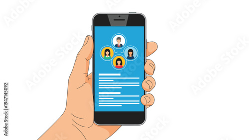 Hand holding a black smartphone that displays a group of four diverse user profiles connected in a circular network.