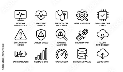 Icons of tech: diagnostics, health, and connectivity symbols for devices