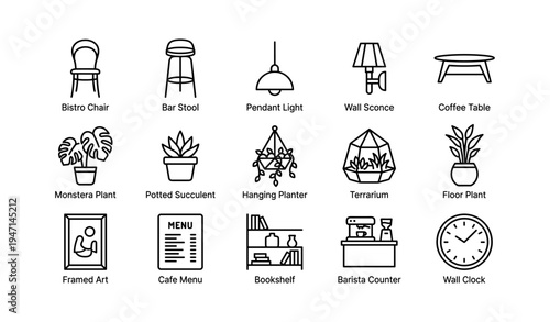 Interior design icons: furniture, lighting, and decor elements for modern spaces
