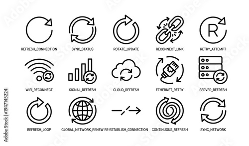 Collection of refresh and connection icons for diverse internet tasks