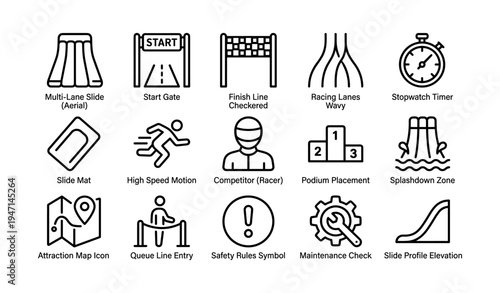 Water park activities icons set featuring slides, racing, stopwatch, and podium