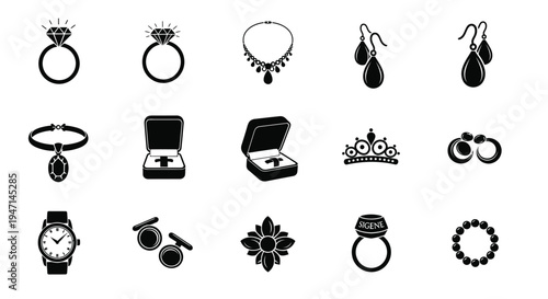 Collection of black icons featuring various luxury jewelry items and accessories on white background