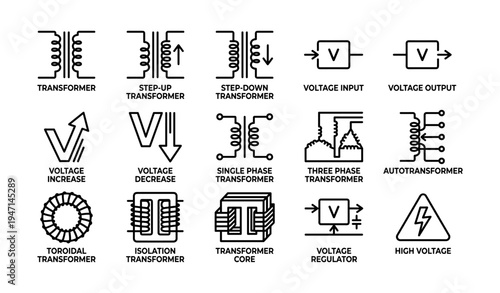 Electrical symbols for various transformers and voltage indicators