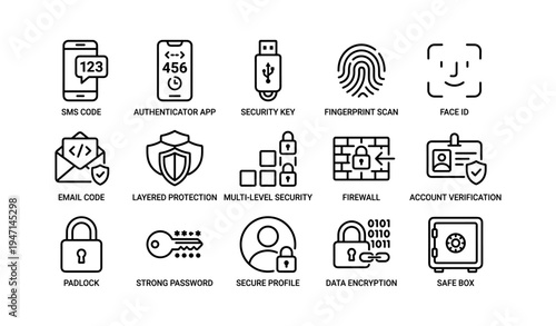 Digital security icons: authentication, encryption, firewall, biometrics