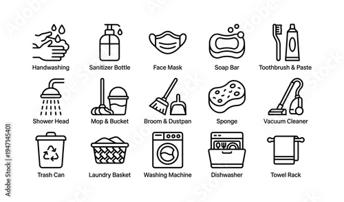 Hygiene and cleaning icons collection featuring essentials like handwashing and face mask