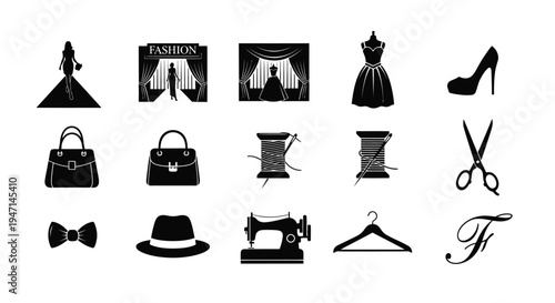 Fashion design elements including clothing accessories and sewing tools in black silhouettes on white background for style and creativity concepts