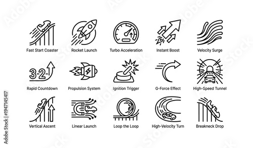 Black and white roller coaster and rocket launch icons set