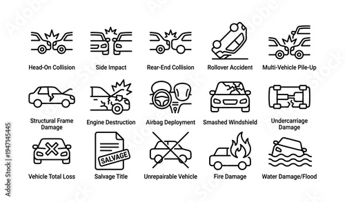 Set of car accident icons illustrating various types of vehicle damage and insurance claims