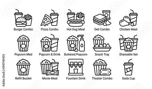 Fast food combo icons: burgers, pizza, hot dogs, deli, chicken, and more