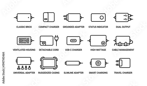 Various electronic chargers and accessories with features and connectors