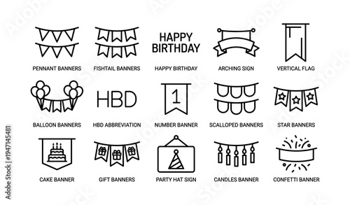 Birthday banners and signs collection: festive icons and designs