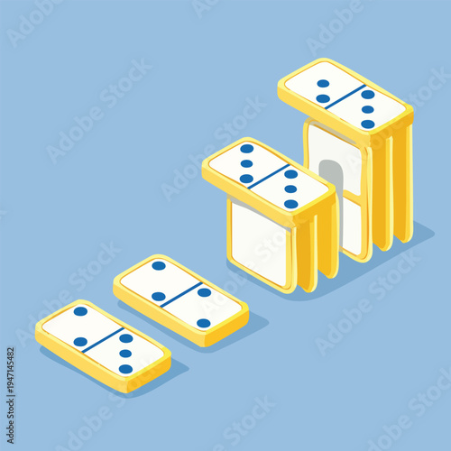 Isometric illustration of dominoes standing and falling on a blue background