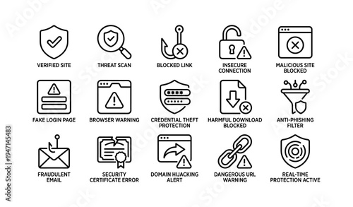 Cybersecurity icons for threat protection and safe browsing alerts