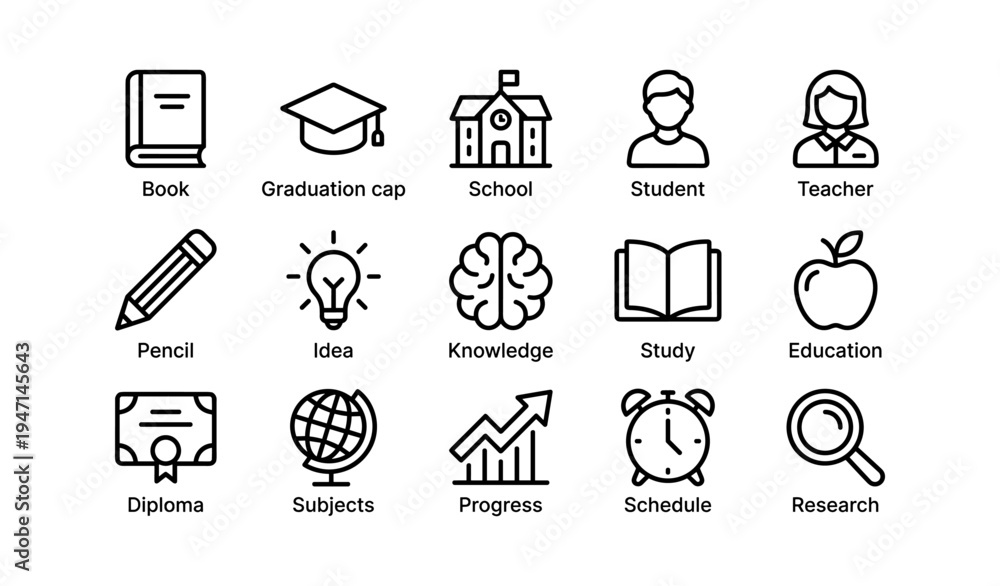 Fototapeta premium Education icons: book, graduation cap, student, teacher, learning tools