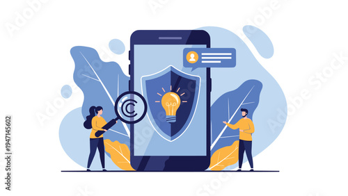 Two people using technology to protect a lightbulb idea with a shield and copyright symbol on a smartphone screen.