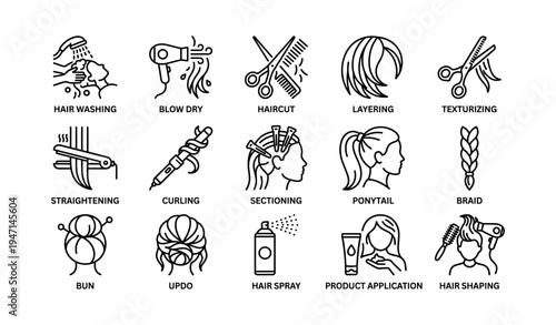 Haircare techniques and styling tools icons collection
