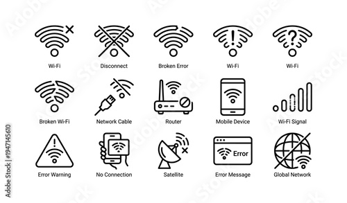 Wi-fi icons: connectivity, error, network, router, signal, devices, global, indicator