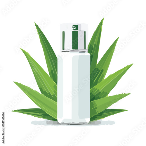 Cosmetic product bottle with green aloe vera leaves on white background