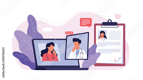 Team of medical doctors communicating through a laptop screen with patient records on a clipboard in the background.