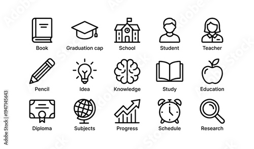 Education icons: book, graduation cap, student, teacher, learning tools
