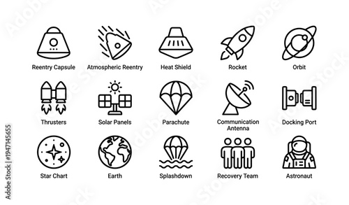 Space exploration icons featuring rocket, reentry capsule, solar panels, astronaut, orbit symbols
