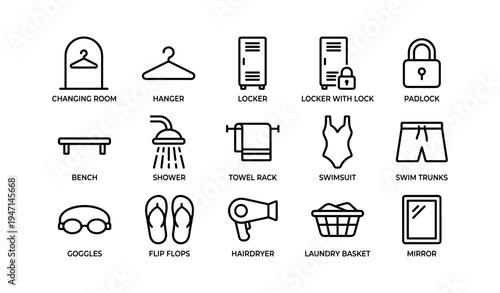Changing room essentials: locker, shower, swimsuit, towel, padlock icons