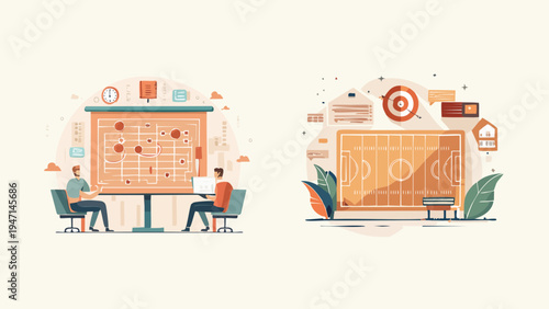 Strategic planning sessions for business and sports. Illustrations depicting collaborative coaching, tactical analysis, and game strategy development for team environments