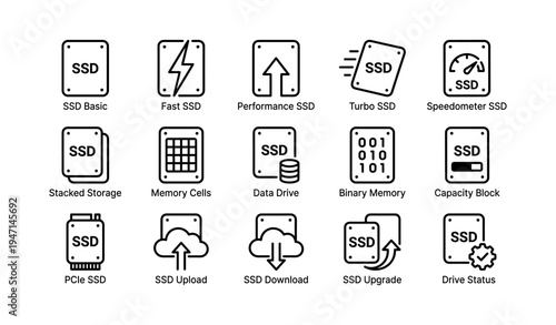 Ssd icon set: fast performance storage solutions and upgrades