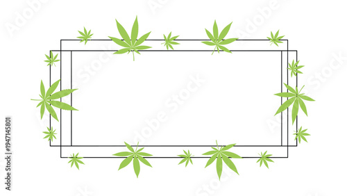 Green cannabis leaves arranged in a rectangular frame border on a white background for medical or recreational use.