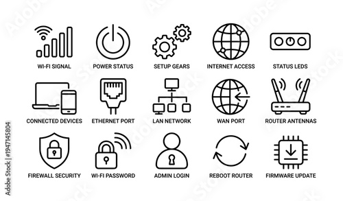 Wi-fi signal setup: router, firewall, and internet access icons