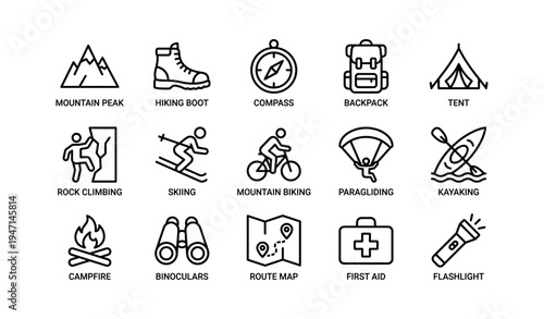 Outdoor adventure equipment icons: hiking, climbing, paragliding, kayaking, camping essentials