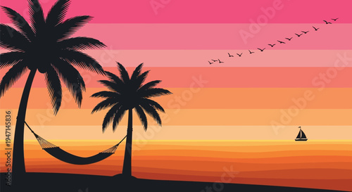 Tropical Beach Sunset Silhouette with Palm Trees Hammock and Sailboat Vector Illustration