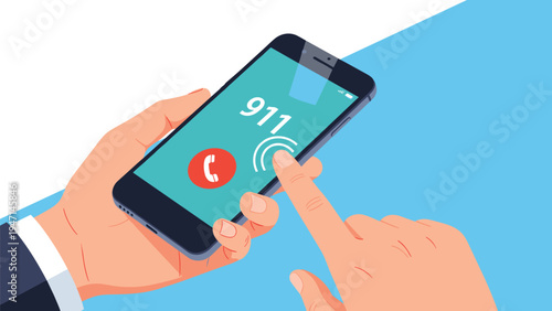 Hand holding a black smartphone dialing emergency 911 for urgent assistance during an accident or health crisis.