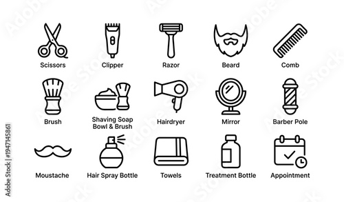 Barber shop tools: scissors, clipper, razor, beard, comb, brush, hairdryer, mirror
