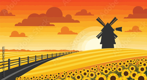 Windmill Silhouette Over Sunflower Field and Country Road at Sunset Vector Illustration