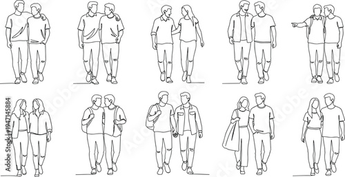 Couple Walking and Relationship Icon Set with Various Poses, Couples Holding Hands, and Casual Interaction for Digital Designs