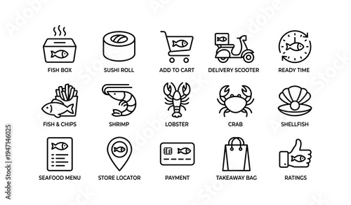 Seafood delivery icons set featuring fish, sushi, payment, and takeaway symbols in black and white