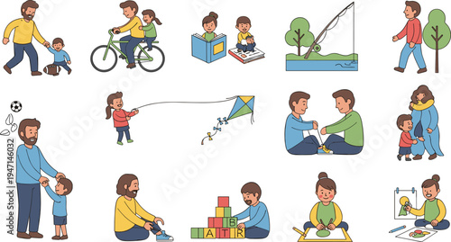 Family Bonding and Outdoor Play Icon Set with Parent-Child Activities, Fun Games, and Nature Adventures for Digital Designs