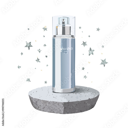 Cosmetic product displayed on stone pedestal with sparkling star accents