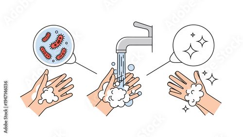 Illustration showing three steps of hand washing to remove bacteria and viruses for better hygiene and health.