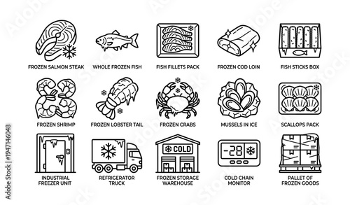 Frozen seafood and cold storage icons for industrial use