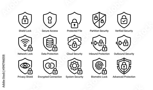 Cybersecurity icons set featuring locks, shields, and digital security symbols