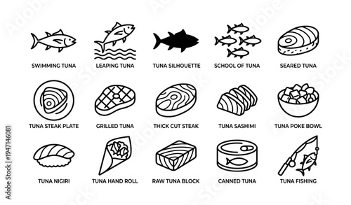 Illustrated tuna varieties and dishes: nigiri, sashimi, poke bowl, and more